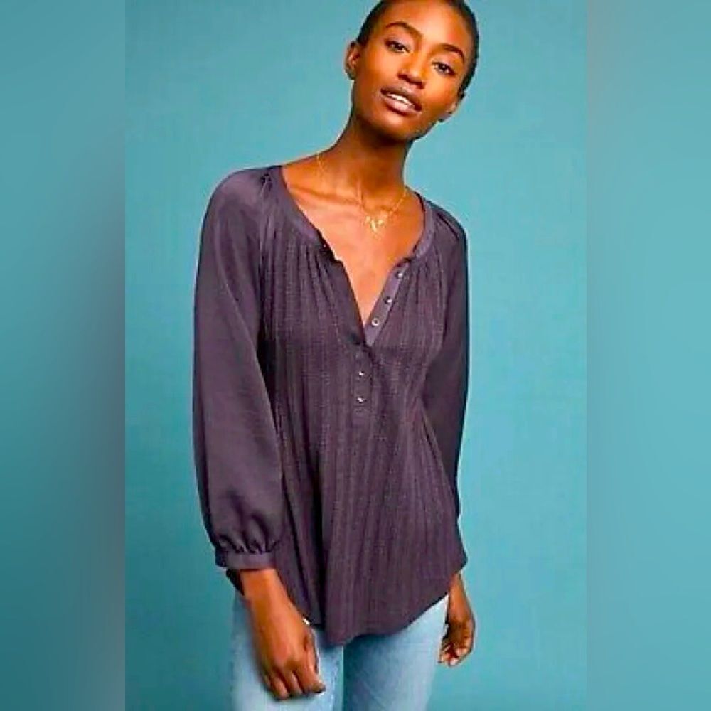 Anthropologie MEADOW RUE Purple Kersee Henley Blouse Top Mixed Materials Size XS